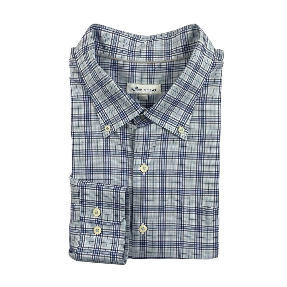 Peter Millar Current Light Blue Checked Men Cotton Button Front Size 2XL XXL